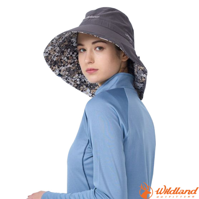 【荒野 WildLand】女抗UV印花雙面優雅遮陽帽.防曬帽.休閒帽.大盤帽/W1065-95 鐵灰色✿30E010